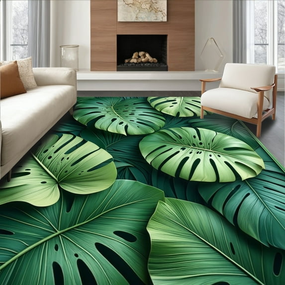 ODIKA 5'x7' Machine Washable Non-Slip Area Rug, Fresh Tropical Vibe Design High Traffic Rug, Green, 10898