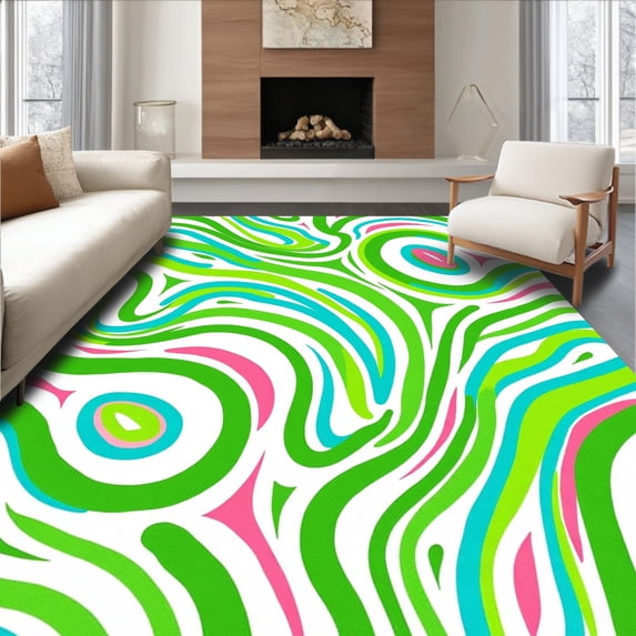 Flatwoven High Traffic Area Rug, Funky Abstract Waves with Bright Contrasting Hues, Non Slip, Stain Resistant, Washable Area Rugs for Living Room, Bedroom(Green, 8)