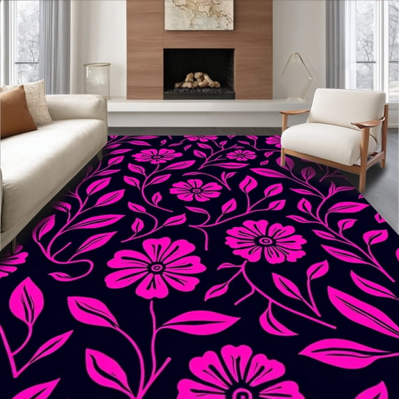 ODIKA 5'x7' Machine Washable Non-Slip Area Rug, Funky Cheetah Print Interlaced with Vintage Botanical Accents High Traffic Rug, Pink, 331655