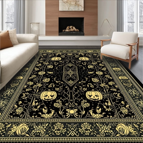 ODIKA 5'x7' Machine Washable Non-Slip Area Rug, Funky Distressed Skull Graphic Style High Traffic Rug, Black, 26488