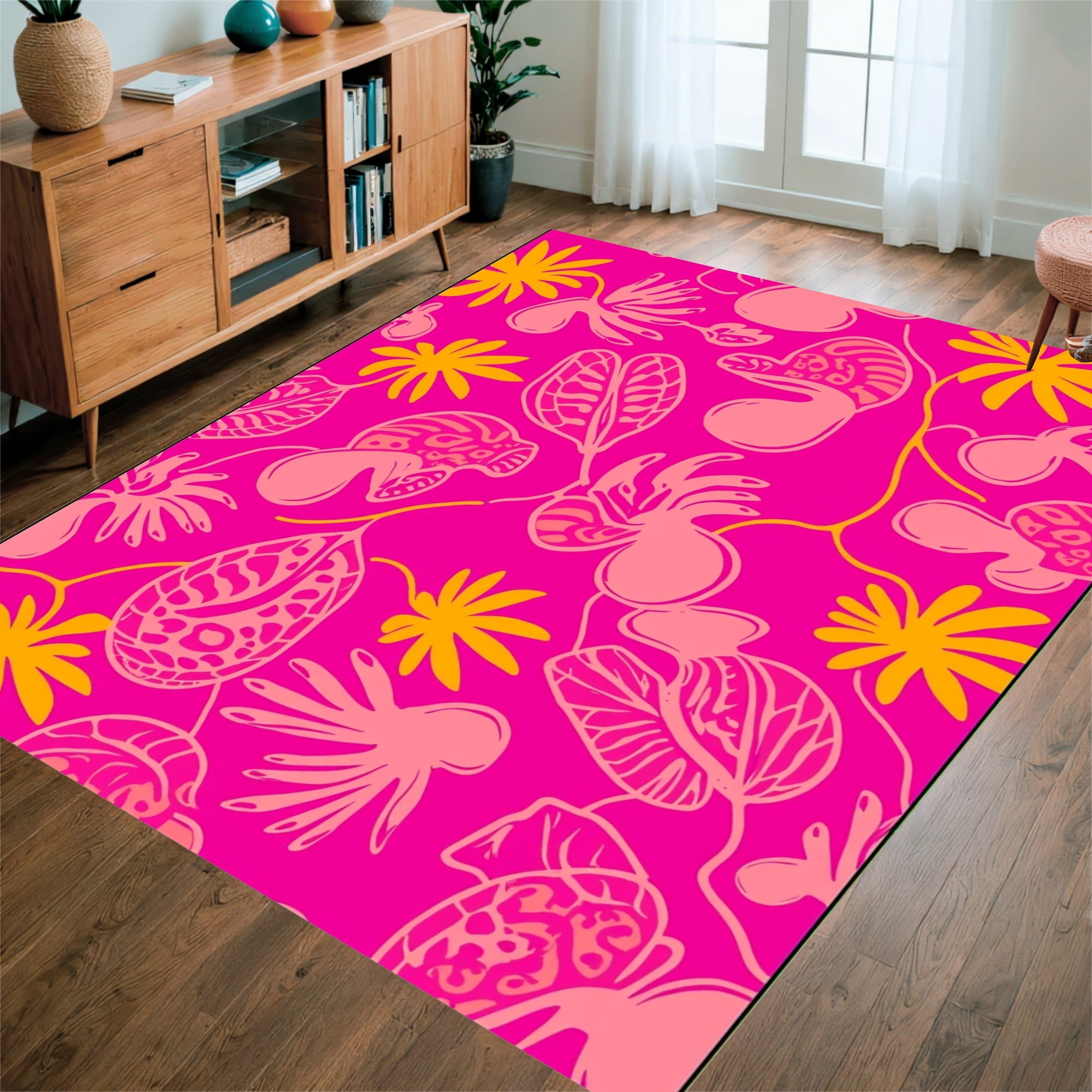 Flatwoven High Traffic Area Rug, Funky Magenta Leopard with Tropical ...