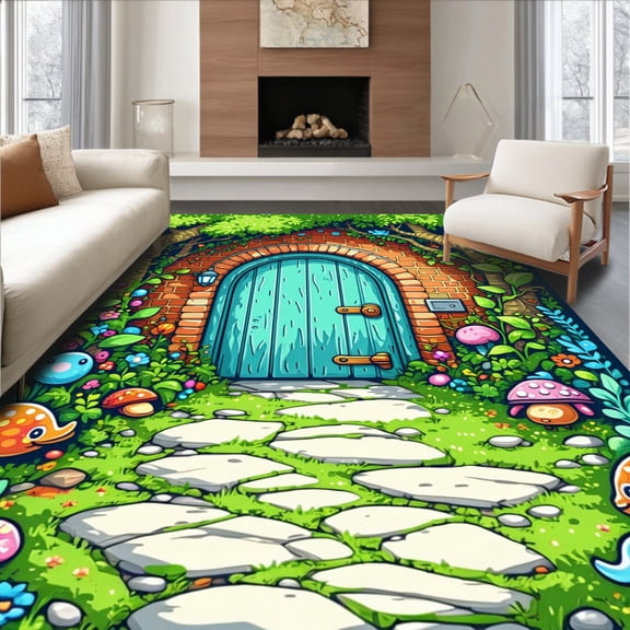 ODIKA 4'x6' Machine Washable Non-Slip Area Rug, Coir Definitely Not a Trap Door Fantasy High Traffic Rug, Blue, 99489