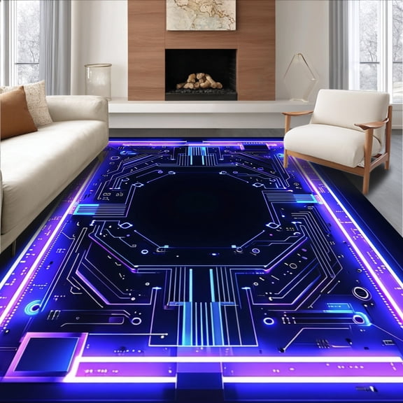 ODIKA 6'x9' Machine Washable Non-Slip Area Rug, Futuristic Circuit Board with Dynamic Geometric Lines High Traffic Rug, Blue, 141606
