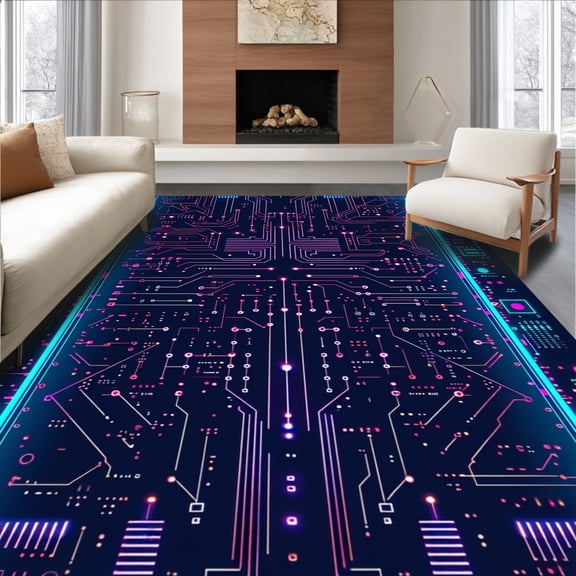ODIKA 4'x6' Machine Washable Non-Slip Area Rug, Futuristic Circuit Board Maze Featuring Tech Network High Traffic Rug, Blue, 184788