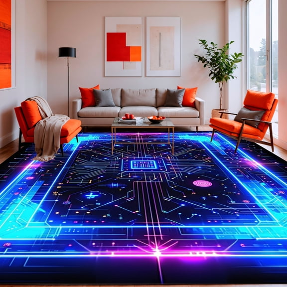 ODIKA 4'x6' Machine Washable Non-Slip Area Rug, Futuristic Circuit Grid with Cyberpunk Inspired Bold Lines High Traffic Rug, Blue, 182751