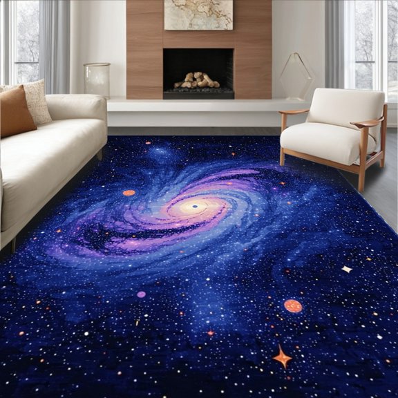 ODIKA 8'x10' Machine Washable Non-Slip Area Rug, Futuristic Stellar Graphic Arrangement High Traffic Rug, Blue, 19042