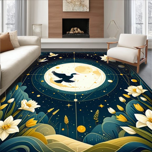 ODIKA 2'x3' Machine Washable Non-Slip Area Rug, Galactic Ceremony Swirl With Blooming Daffodil Meteor High Traffic Rug, Blue, 198357