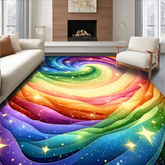ODIKA 4'x6' Machine Washable Non-Slip Area Rug, Galactic Stars & Swirls High Traffic Rug, Blue, 83081