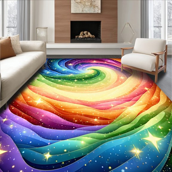 ODIKA 5'x7' Machine Washable Non-Slip Area Rug, Galactic Stars & Swirls High Traffic Rug, Blue, 83081