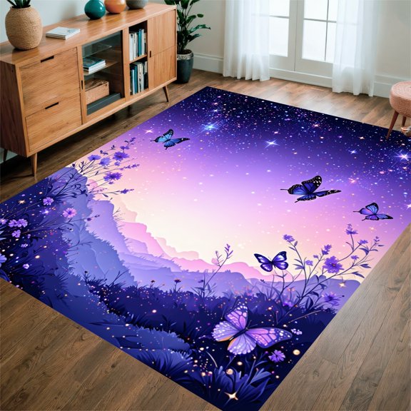 Flatwoven High Traffic Area Rug, Galaxy Butterfly Starry, Non Slip, Stain Resistant, Washable Area Rugs for Living Room, Bedroom(Purple, 4X6)