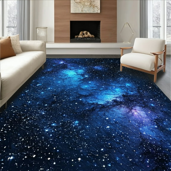ODIKA 8'x10' Machine Washable Non-Slip Area Rug, Galaxy Starry Sky Playroom High Traffic Rug, Blue, 28