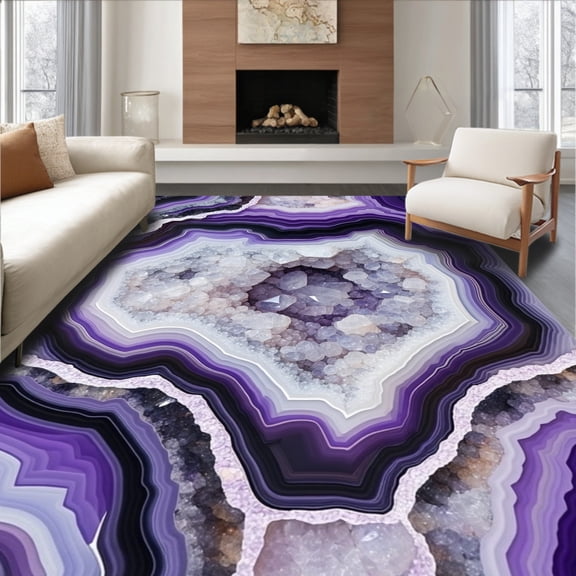 Flatwoven High Traffic Area Rug, Geode Slice Round Agate Inspired Texture, Non Slip, Stain Resistant, Washable Area Rugs for Living Room, Bedroom(Purple, 2X3)