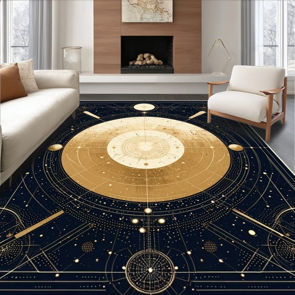 ODIKA 6'x9' Machine Washable Non-Slip Area Rug, Geometric Armillary Sphere Celestial Design Earthy Bronze Tones High Traffic Rug, Gold, 197175