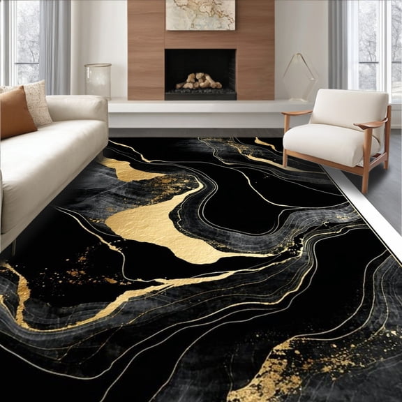 ODIKA 8'x10' Machine Washable Non-Slip Area Rug, Geometric Black Gold Elegance High Traffic Rug, Black, 6385