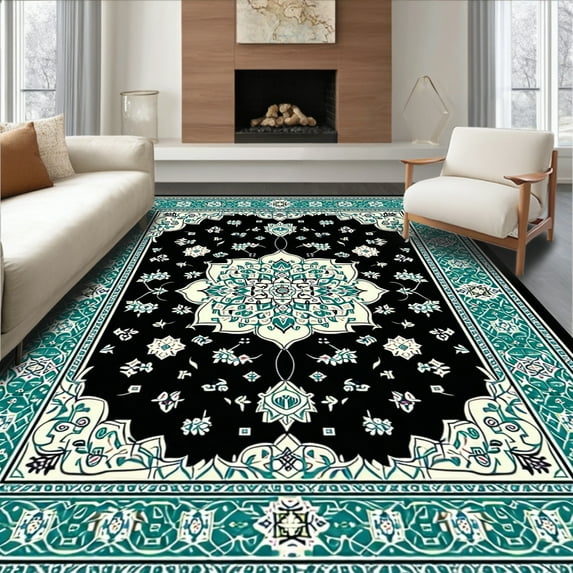 ODIKA 4'x6' Machine Washable Non-Slip Area Rug, Geometric Black and Teal Motif High Traffic Rug, Black, 33214