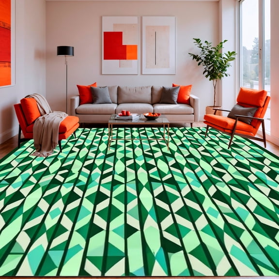 Flatwoven High Traffic Area Rug, Geometric Diamond Round Floor Covering Modern Intersecting Shapes, Non Slip, Stain Resistant, Washable Area Rugs for Living Room, Bedroom(Green, 2X3)