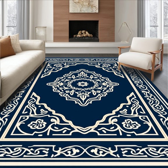 Flatwoven High Traffic Area Rug, Geometric Indigo Bloom, Non Slip, Stain Resistant, Washable Area Rugs for Living Room, Bedroom(Blue, 2X3)