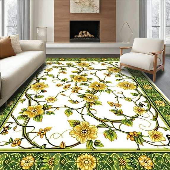 ODIKA 6'x9' Machine Washable Non-Slip Area Rug, Geometric Ink Flower with Lime Green and Gold Vines High Traffic Rug, Yellow, 88809