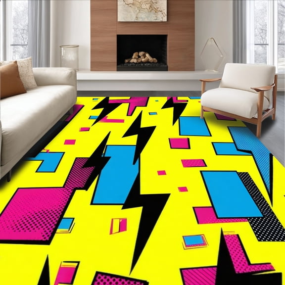 ODIKA 2'x3' Machine Washable Non-Slip Area Rug, Geometric Lightning Bolt with Bold Pop Art Zaps and Playful Outlines High Traffic Rug, Yellow, 147048