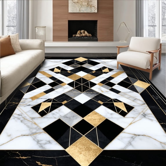 ODIKA 3'x5' Machine Washable Non-Slip Area Rug, Geometric Marble Black Gold High Traffic Rug, Black, 81769