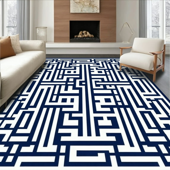 ODIKA 4'x6' Machine Washable Non-Slip Area Rug, Geometric Navy High Traffic Rug, Blue, 58475
