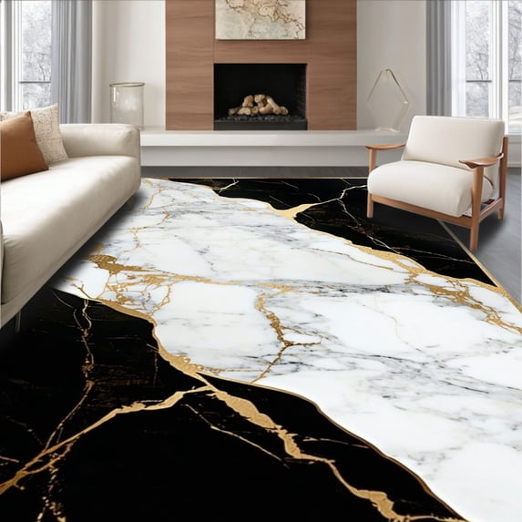 Flatwoven High Traffic Area Rug, Gilded Marble Look Black Abstract, Non Slip, Stain Resistant, Washable Area Rugs for Living Room, Bedroom(Black, 4X6)