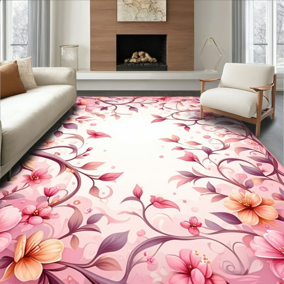 ODIKA 3'x5' Machine Washable Non-Slip Area Rug, Girly Pink Botanical ...