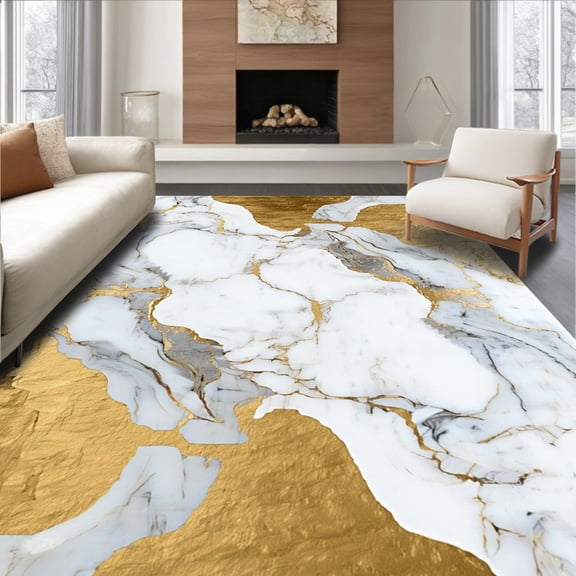 Flatwoven High Traffic Area Rug, Gold & Marble Artistic Swirls Bath, Non Slip, Stain Resistant, Washable Area Rugs for Living Room, Bedroom(White, 4X6)