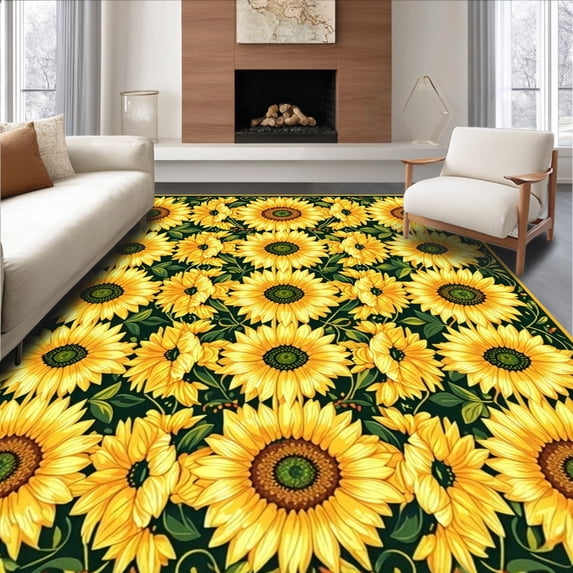 Flatwoven High Traffic Area Rug, Golden Field Sunflower Garden Runner Rug Artistic Floral Motif, Non Slip, Stain Resistant, Washable Area Rugs for Living Room, Bedroom(Yellow, 5X7)