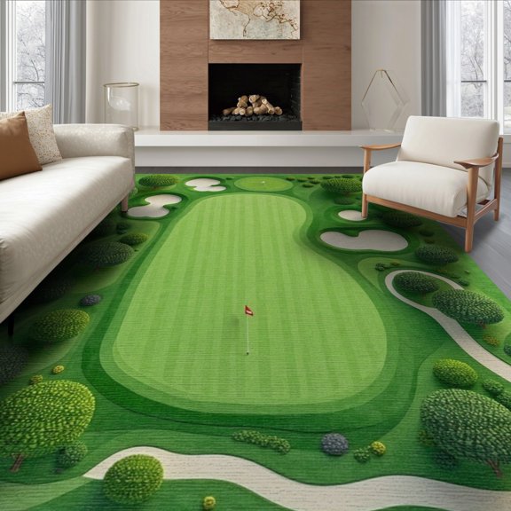 ODIKA 6'x9' Golf Course Tee Off Green Washable Area Rug for Dining Room, Under Table, Office Décor, Non-Slip Chair-Friendly