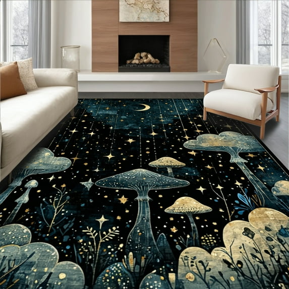 ODIKA 4'x6' Machine Washable Non-Slip Area Rug, Goth with Artistic Mushrooms and Celestial Graphics High Traffic Rug, Black, 39620