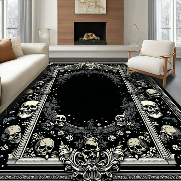 Flatwoven High Traffic Area Rug, Gothic Black Skull Aesthetic, Non Slip, Stain Resistant, Washable Area Rugs for Living Room, Bedroom(Black, 4X6)