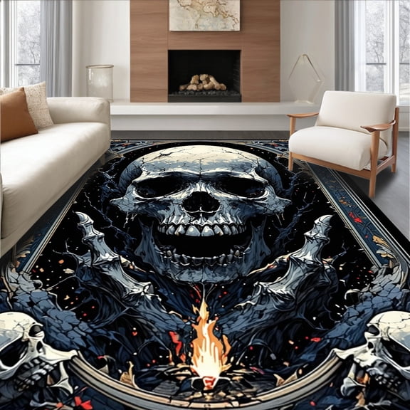 ODIKA 2'x3' Machine Washable Non-Slip Area Rug, Gothic Floral Skull Motif High Traffic Rug, Gray, 14913