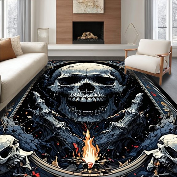Flatwoven High Traffic Area Rug, Gothic Floral Skull Motif, Non Slip, Stain Resistant, Washable Area Rugs for Living Room, Bedroom(Gray, 4X6)
