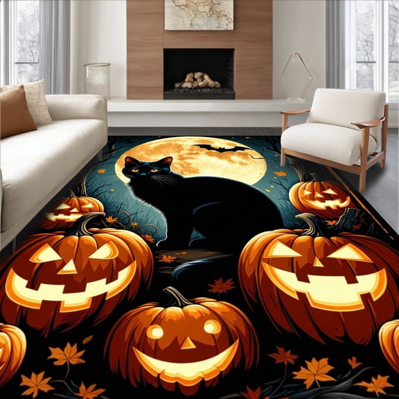 ODIKA 5'x7' Machine Washable Non-Slip Area Rug, Gothic Halloween Black Cat & Pumpkin Design High Traffic Rug, Black, 100447