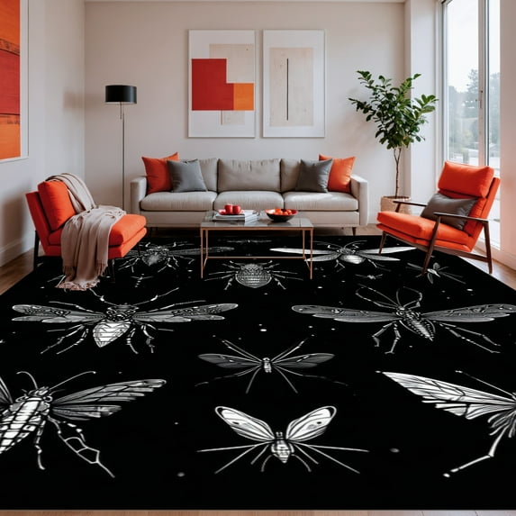 Flatwoven High Traffic Area Rug, Gothic Inspired Bug Silhouette with Delicate Wing and Antenna Details, Non Slip, Stain Resistant, Washable Area Rugs for Living Room, Bedroom(Black, 4X6)