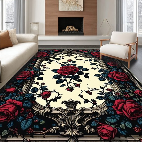 Flatwoven High Traffic Area Rug, Gothic Revival Floral With Ornate Architectural Elements, Non Slip, Stain Resistant, Washable Area Rugs for Living Room, Bedroom(Red, 3X5)