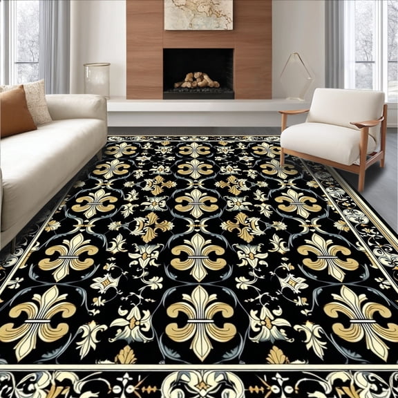 Flatwoven High Traffic Area Rug, Gothic Revival Ornamental with Stylized Fleur de Lis and Scroll Borders, Non Slip, Stain Resistant, Washable Area Rugs for Living Room, Bedroom(Black, 6X9)