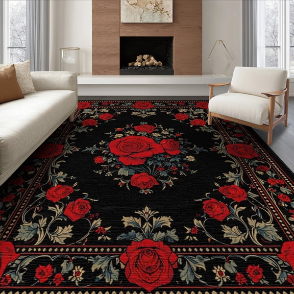 ODIKA 6'x9' Gothic Rose Intricate Floral Medallion Flower Design Washable Area Rug for Family Room, Living Mater Bedroom, Non-Slip, Easy Care