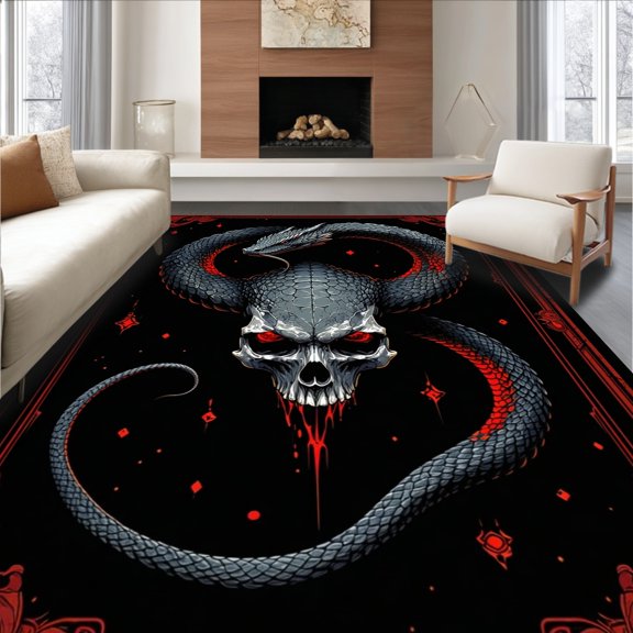 Flatwoven High Traffic Area Rug, Gothic Serpent Coiled Mystical Rug Dark Fantasy Mythical Creature Design, Non Slip, Stain Resistant, Washable Area Rugs for Living Room, Bedroom(Gray, 2X3)