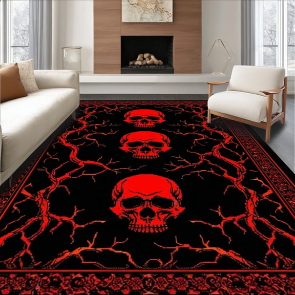 ODIKA 4'x6' Machine Washable Non-Slip Area Rug, Gothic Skull with Dark Horror Motifs High Traffic Rug, Red, 58931