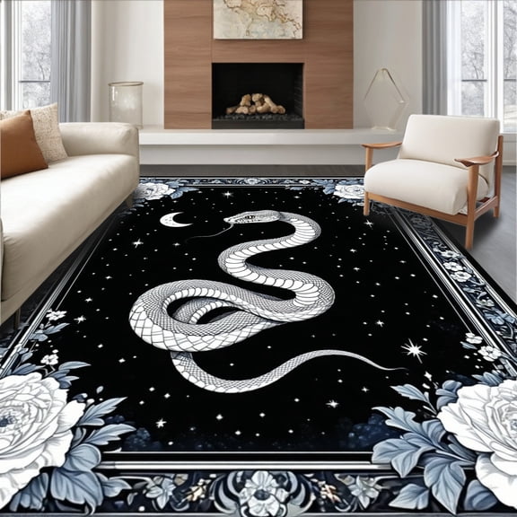 ODIKA 8'x10' Machine Washable Non-Slip Area Rug, Gothic Snake Featuring Moonlit Floral Boa and Ethereal High Traffic Rug, Black, 91012