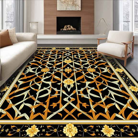 Flatwoven High Traffic Area Rug, Gothic Trellis Motif, Non Slip, Stain Resistant, Washable Area Rugs for Living Room, Bedroom(Black, 4X6)