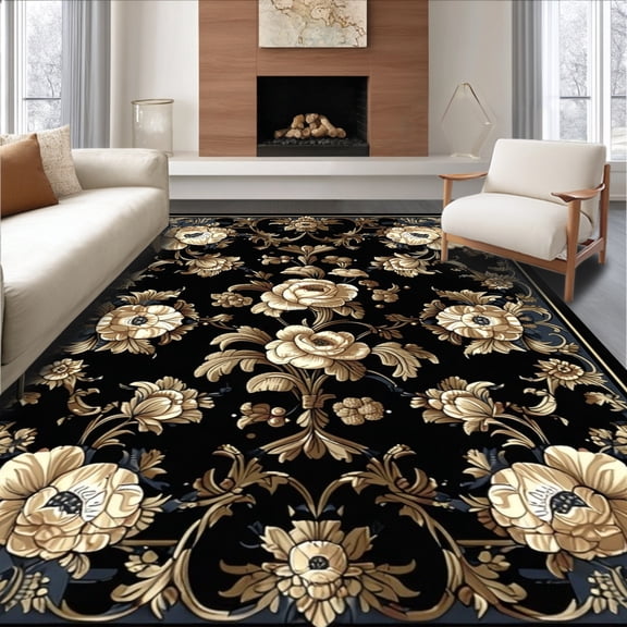 ODIKA 4'x6' Machine Washable Non-Slip Area Rug, Gothic Victorian Hall Intricate Floral Design High Traffic Rug, Black, 155980