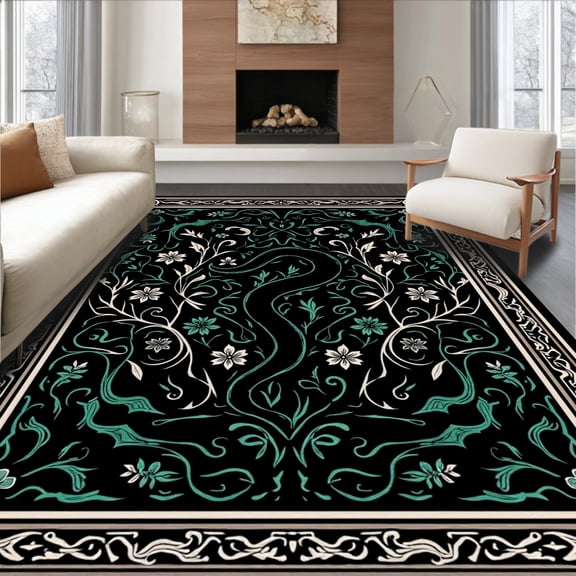 ODIKA 4'x6' Machine Washable Non-Slip Area Rug, Gothic Vines and Twisting Snake High Traffic Rug, Black, 294883