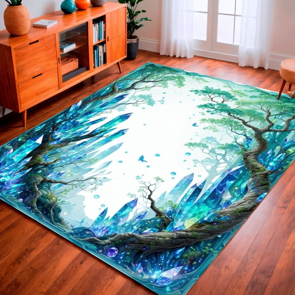 ODIKA 2'x3' Machine Washable Non-Slip Area Rug, Graceful Wyvern Branching With Resin And Jade Accents High Traffic Rug, Teal, 194131