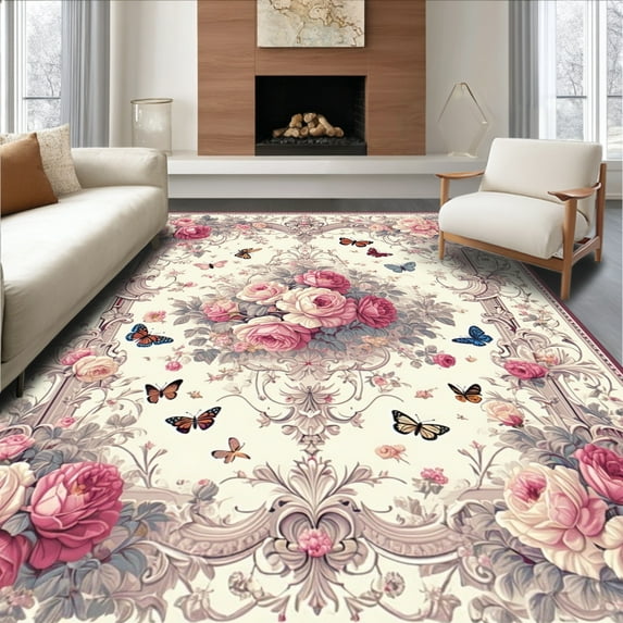 ODIKA 8'x10' Machine Washable Non-Slip Area Rug, Grandmillennial Floral Medallion with Delicate Insect and Rose Details High Traffic Rug, Pink, 125931