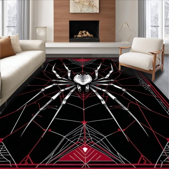 ODIKA 2'x3' Machine Washable Non-Slip Area Rug, Graphic Spidey Emblem Motif with Angular Web Framework Accents High Traffic Rug, Black, 150654