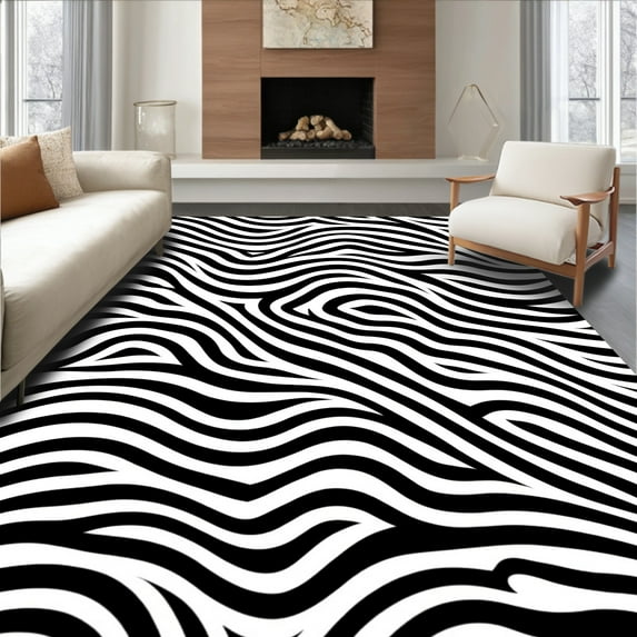 ODIKA 6' Machine Washable Non-Slip Area Rug, Graphic Zebra Illusion Faux Skin High Traffic Rug, Black, 287520