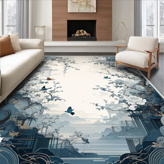 ODIKA 4'x6' Machine Washable Non-Slip Area Rug, Gray Maximalist with Ornate Asian Style Scrolls and Floral High Traffic Rug, Gray, 82792